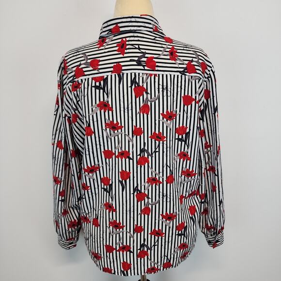 Vintage Alia Rose Print Career Blouse Size 14 Red Stripe Button Up Long Sleeve - Picture 2 of 14
